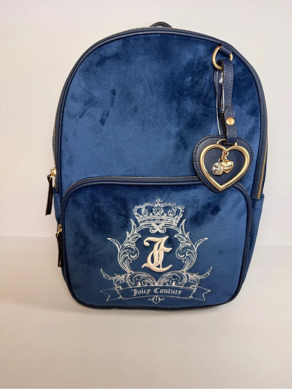 Juicy Couture Deep Blue Velvet Backpack with Heart Charm